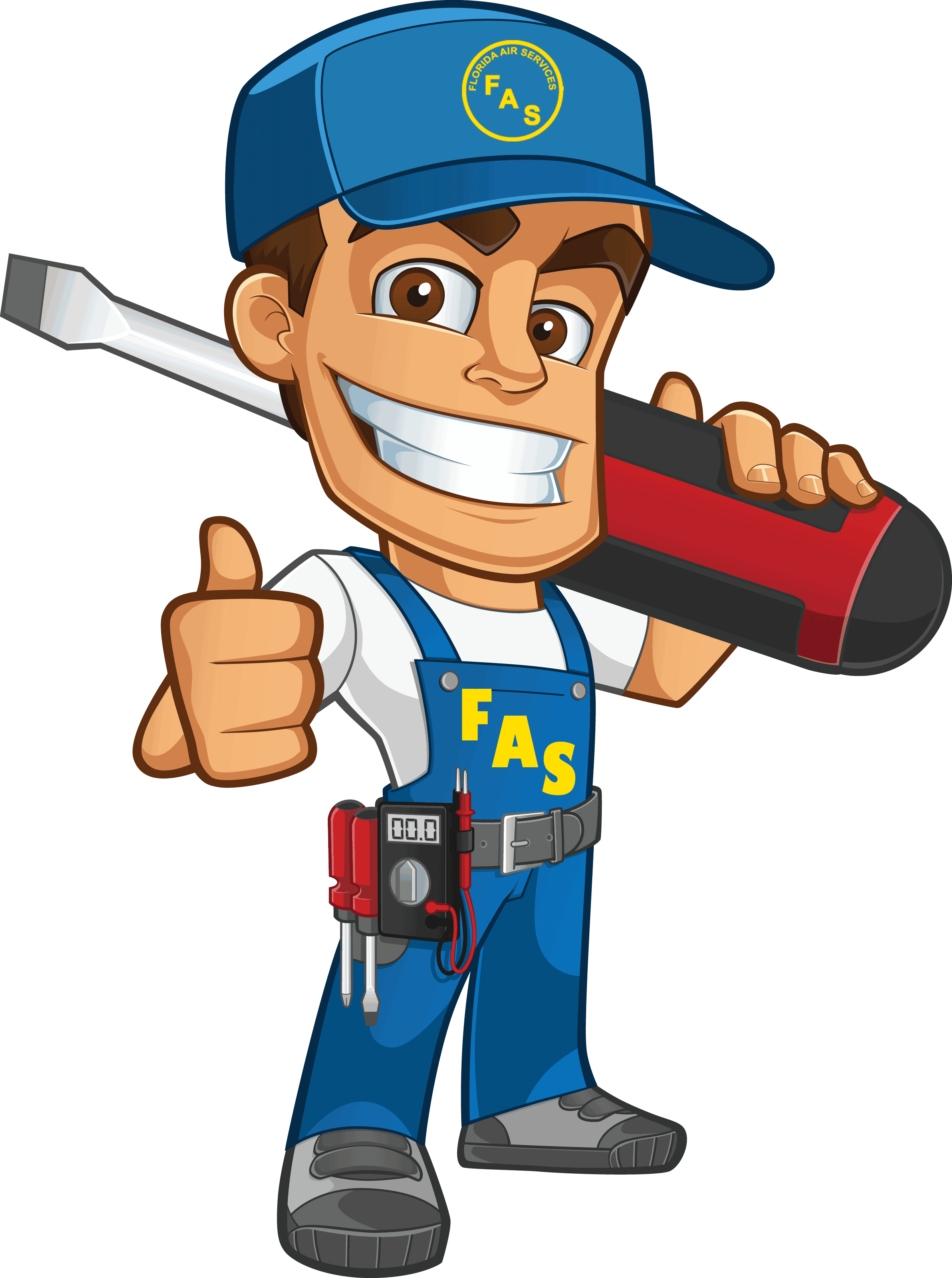 A cartoon of a man holding a wrench and giving the thumbs up.